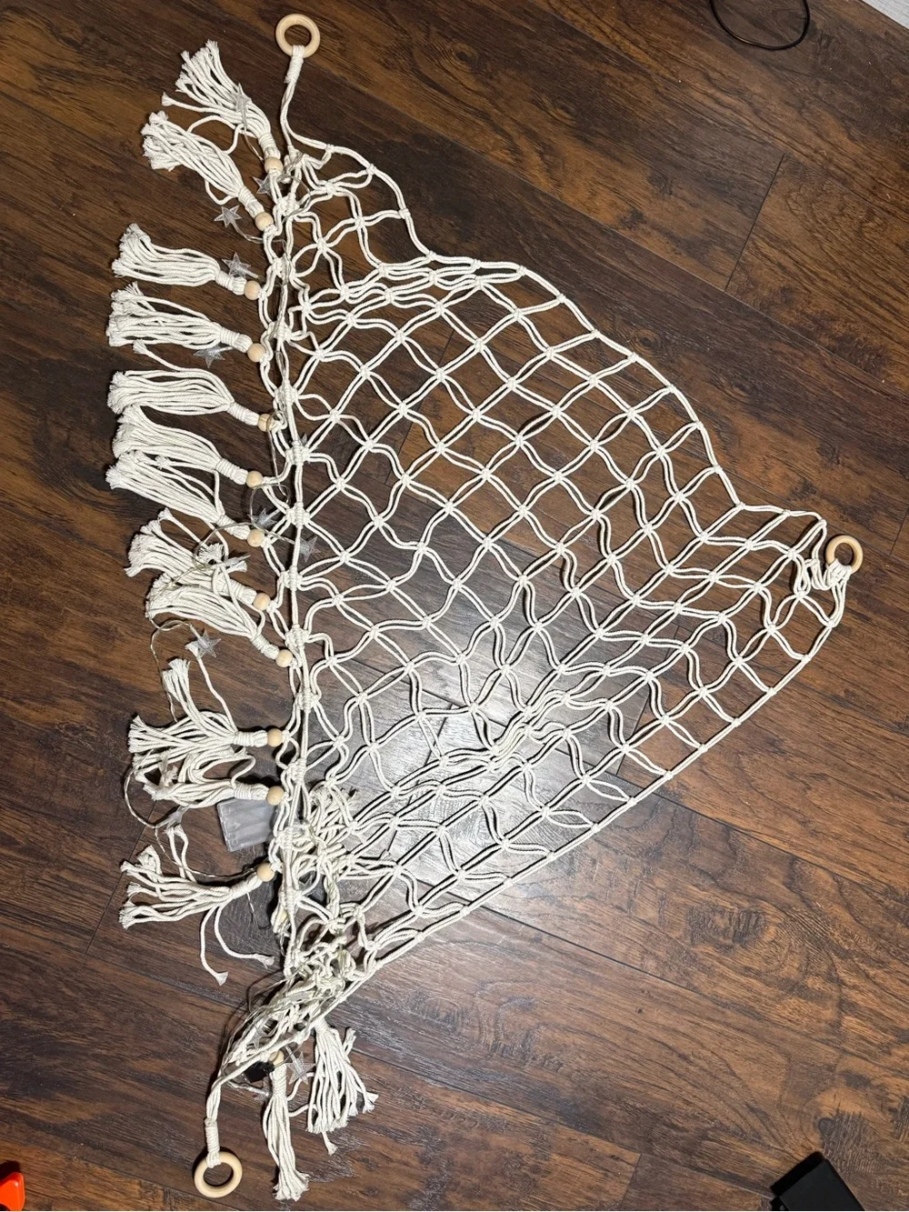 Kids Cream Macramé Hammock Shelf with Star String Lights - Cream set of 2